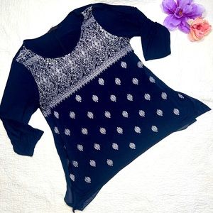 Women's Blue Bandana 3/4 Sleeve Lightweight Bling Tunic Top; L